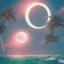 Placeholder: 1980's vaporwave aesthetic palm trees with lightning with lunar eclipse moon crescent in the ocean waves sunset