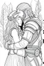 Placeholder: Fantasy coloring page, minimal detail. HD. Woman hugging a male knight with a beard. No background detail.