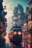 Placeholder: porto city view in fantasy cyberpunk style with famous tram