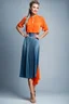 Placeholder: full body of very beautiful lady midi blue pleated skirt and orange bluse , Braided hair ,standing idle happy pose in studio pretty makeup