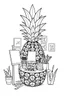 Placeholder: Pineapple Cozy Art Studio Coloring Page: A pineapple cross-section displaying an art studio. Features an easel, paint palettes, brushes, and artworks hung on the walls.