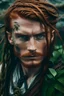 Placeholder: determined wet pirate nereid male with auburn hair and seaweed braid