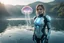 Placeholder: A young woman in an android suit, standing next to a lake, with jellyfish floating through the air.