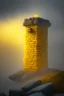 Placeholder: guard tower build of yellow stones misty trending, depth of field, backlit