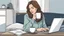 Placeholder: a woman lying under a bed and working on a laptop, she has half-length brown hair and wearing pajamas , pale light, half socks and a mug of coffee next to her, high detalied, sharp focus, perfect shot