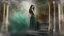 Placeholder: old canvas, layered, mixed media, embossed, double exposure, light watercolor, glitter, medium ground, depth of field, brightness, highlights, light effects, gothic woman portrait, gold shards, staircase, ancient castle, gray green fragments, fuzziness, layered, blending, textured, 3D, 8K, best quality, fine rendering, precise rendering, high detail, hyperrealism, high resolution, high definition, multilayered, pinpoint sharpness, hyperfocus, vignette, textured painting