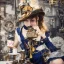 Placeholder:  steampunk girl serving Black and blue lemonade tea in a cup