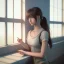 Placeholder: female student studying by the window, anime style,perfect face, cool face, unreal engine 5, cinema4d, sun light, studio lighting --ar 1:1 --v 4