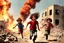 Placeholder: bloody children with without arms running from bombs in a ruined city in Palestina, smoke and fire and explosions