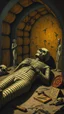 Placeholder: The mummy laying in his death chamber Howling in Bosch painting style