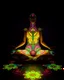 Placeholder: Woman sit down meditation pose full body all to the feet woman body painting patterns flower,patterns butterfly painting art glowing in the dark vibrant fluorescent neon bright light colors,black room background