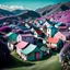 Placeholder: Odd dada village, odd, casual houses, block colours, surreal landscape, pastel colours, sharp, colorful, bright, 8k, highly detailed, large format film, medium format film, shot on Hasselblad