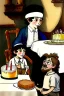 Placeholder: A cute smiling jewish boy dressed black trousers white shirt, wearing a kippah. Boy and lion are sitting at a table with a birthday cake. Watercolour