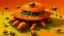 Placeholder: An orange colored secret spy base with cybernetic flies painted by Jeffrey Kolker