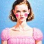 Placeholder: Pointillism painting of Mia goth, Cotton candy dress,rosy cheeks