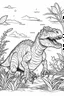 Placeholder: create a coloring page, white background Show a T-Rex rubbing its body against trees or rocks to leave behind scent markings and communicate its presence to other dinosaurs. the scene with earthy tones and textured patterns. ink drawing clipart, simple line illustrations, colored