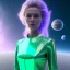 Placeholder: A portrait of a transparent crystalline girl,smiling, longs blond hairs, green eyes, galactic dress, atmospheric, realistic, cinematic lighting, octane render, purple and blue sky, nebula, stars, planets in background, spaceship in background