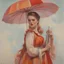 Placeholder: A woman with long hair, with an umbrella the circus, 1950s, red, orange, pink