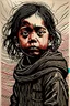 Placeholder: create an abstract, deeply powerful tragic and evocative, full body color woodcut of a raw and weathered young refugee child with highly detailed and deeply cut facial features, lost in a horrific post apocalyptic Gaza, in the style of KATHE KOLLWITZ , searing lines and forceful strokes