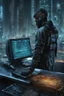 Placeholder: cyberpunk programmer black_Cat-human hybrid_Typing_on_computer_background binary codes, surrounded_by_mindent_3D_binary matrix codes and neutron mesh_etheral, Paranoid_sci-fi_in background_a_tall_cyberpunk_city, the cat hacker watchings monitor, Hyperrealistic texture, high detail, Sinister, cold dynamic lighting, dark-neon colors, Ultra_HD_intense_focus