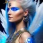 Placeholder: A beautiful portrait of a cute smiling cyberpunk woman with wings, long blond platinum hair, luminous blue eyes, high key lighting, volumetric light high details with blue and white stripes and feathers and white luminous celtic paterns, beam starry background