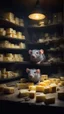 Placeholder: Si-Fi, The permanent under atmospheric lighting effects, a whole tables and shelves filled with all kind of cheese blocks . 2 2 rats are eating one of intricate historical moody atmosphere, eerie grimdark ambiance, complex motherboard accents, speculative fiction art. Bokeh