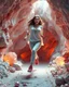 Placeholder: make a picture pretty crystal cave covered with jwells and 3d recursive cubic and sphere base pearls and Gemstone species, a beautiful goddess lady with curvy hair,makeup, in pretty modern today pants and loose shirt with jewels and sport shoes is running inside cave ,dynamic camera fallow her inside cave capturing full body, dynamic lights.