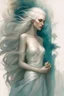 Placeholder: An Enigmatic Woman, Waist-Up View, Back Adorned With Translucent Fabric, Skin Touched With Teal Shimmer, Ethereal Light Glowing, Long White Hair Cascading To Her Shoulders, Artwork By Anne Bachelier, Michael Shapcott, Marc Simonetti, Gracious Face, Charming Eyes, Alex Maleev, Intricate Details, Backlit