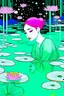 Placeholder: A green-haired woman with a peaceful expression lies at the bottom of the pool, with lotus flowers floating on the water, one big moon in the background, reflection, minimalist, animated artistic style, loose strokes, dynamic lighting, digital art, art by james jean, takato yamamoto, inkpunk minimalism
