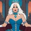 Placeholder: [comics Head Lopper style by Andrew MacLean, Disenchantment, in the castle] queen Dagmar on her throne in agent provocative, ready with her voluminous, waist-length white hair and almond shaped eyes. She wears an elegant royal blue dress with a turquoise sleeveless top and a revealing crimson corset. She wears a choker necklace with a large gemstone.