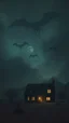 Placeholder: A house in the desert at nigh with a scary sky filled with flying giants shadows creatures above in foggy skies and dim lights coming out of the windows of the house , a very scary scene out of this world