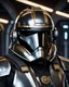 Placeholder: star wars bald male corellian pilot wearing pearlescent black and gunmetal grey First Order special forces armor and helmet with gold trim inside the jedi temple, centered head and shoulders portrait, hyperdetailed, dynamic lighting, hyperdetailed background, 8k resolution, volumetric lighting, light skin, fully symmetric details