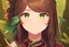 Placeholder: A highly detailed digital painting of a beautiful anime girl, long brown hair, green eyes, freckles, cute, lively, one with nature, feathers in hair, native, close up