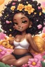 Placeholder: A sassy thick-lined airbrushed cartoon black chibi girl lounging lazily on her side, surrounded by flower petals. She has a golden lion tail curling playfully behind her curvy body. Looking up coyly, she grins widely, showing sharp lion teeth. Her poofy hair forms a mane framing her confident, regal expression.