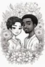 Placeholder: create a outlined coloring page of a chibi black characters of a male and female couple surrounded by flowers. Pay attention to the details of the faces and flowers and the emotions conveyed by the couple. White background, sketch style, half of body, use outline, Mandala style, clean line art, no shadows, no coloring, no shading, no grey.