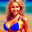 Placeholder: retrato de mujer guapa voluptuosa rubia en playa en bikini cuerpo entero sonriendo