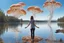 Placeholder: woman standing next to a lake looking at flying mushrooms, with jellyfish tenacles in a blue sky