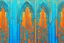 Placeholder: semi-abstract painting, triptych with 3 gothic_arab gates in blue, turquoise and orange