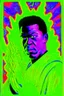 Placeholder: 70s Black light poster design in the style of George Goode, featured “a black man rais[ing] his unshackled fist while the background bursts with fluorescent yellow flame.” neon fluorescent glow, psychedelic, bright, shimmering, fluorescent colors pop and sizzle, mystique, cosmic