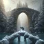 Placeholder: fantasy art of big wolf walking on very tight stone bridge over icy water, on the bridge is a mad wizard