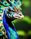 Placeholder: Close up photo of realistic exotic animal creature with the full head Fully covered with colores of the peacock , high quality, very detailed, masterpiece, 8k,uhd,vfx,artstation,very epic, perfect anatomy,beautiful environment ,