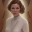 Placeholder: hyperspace background, complete and photo realistic detailed head to waist stunning photo realistic portrait of carrie fisher as Princess Leia in star wars with photo realistic minimal updo hair by Mandy Jurgens and mucha and Richard Schmid and chuck close and chie yoshii, extraordinary and detailed ceremony dress of star wars,brown eyes