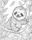 Placeholder: create a 2d black outline, "safari smiling cartoon sloth on a branch coloring book for kids", coloring page, low details design, black contour, coloring page design, simple background, colorful , card style, coloring page for kids, white background, sketch style, safari landscape, cartoon style