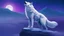 Placeholder: humanoid white wolf, standing on a snowy mountain, howling at the moon, blue and purple gradient night sky, foggy dusk