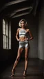 Placeholder: photography of a beautiful anorexic woman, silver satin halter top, sports illustrated, short wavy bob haircut, pronounced sternum