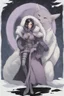 Placeholder: A dnd character sheet. A woman dressed for the cold north in black and white furs, with black hair and lilac eyes. Wolf pelt