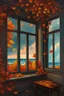 Placeholder: Cloudy day, window, autumn leaves, cyberpunk influence, retrowave, Auguste oleffe impressionism paintings