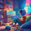 Placeholder: A boy is sitting on the sofa in his room listening to music with headphones, and his toys have come to life and are playing around him. A room full of joy and color, digital art, anime, 4k, full details, high resolution, cinematic