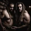 Placeholder: half figure shot photography of two angry gipsy 41 years old burly chubby ugly men embracing tightly from back, leaning forward, dreadlocks, shirtless, in a sauna full of steam, dim lights, side light, ambient occlusion,