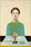 Placeholder: Euan Uglow, Loomis method facial planes, landscape background, table, mixed media, 3/4 portrait, happy woman, neon colors, flowers sprouting from chest, botanical elements, birthday cake